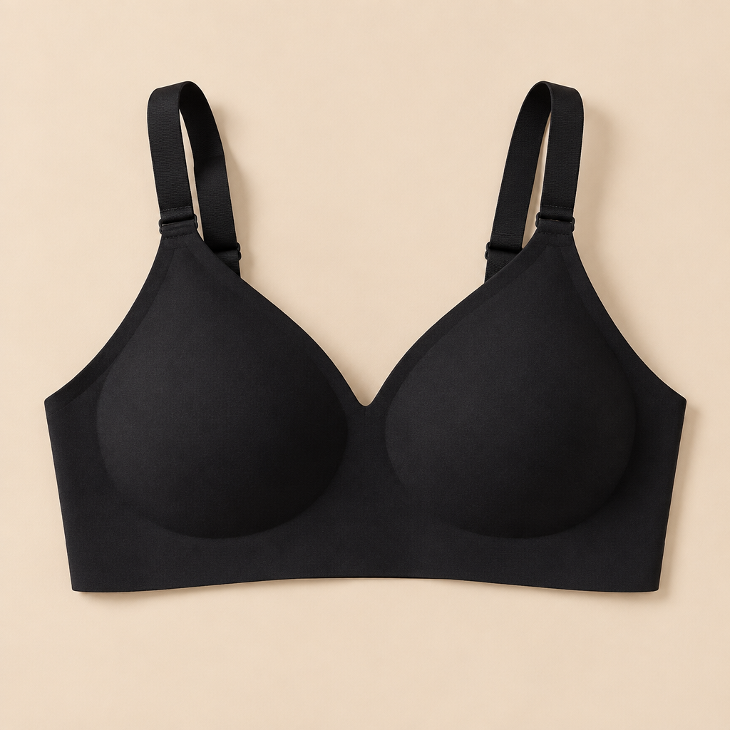 Black bra front-view flat lay